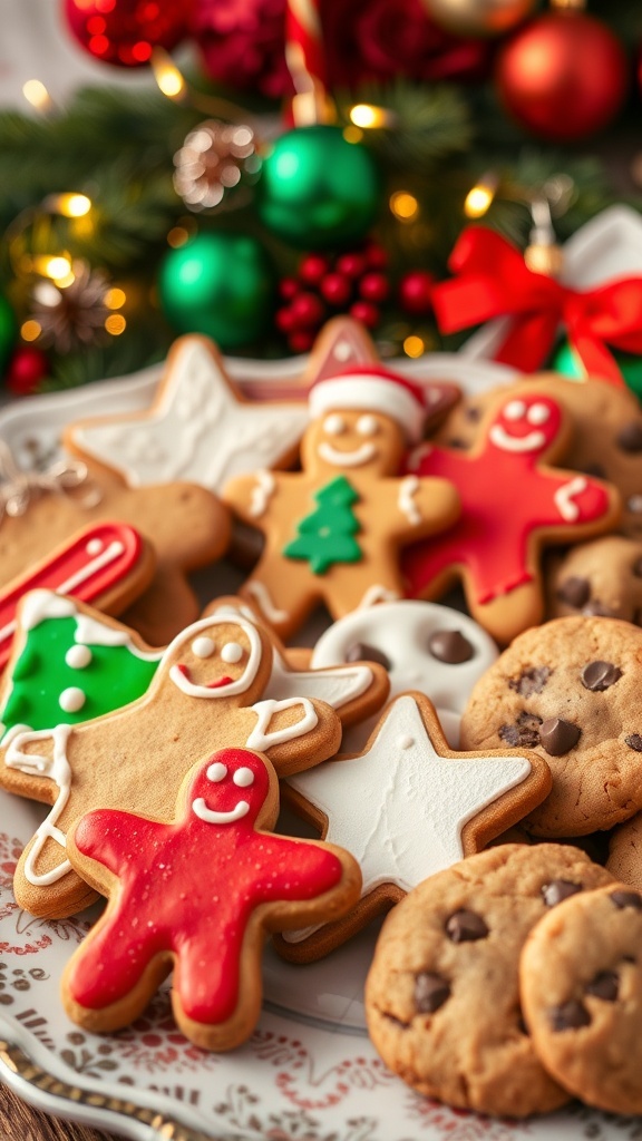 A variety of colorful Christmas cookies on a platter, decorated for the holidays.